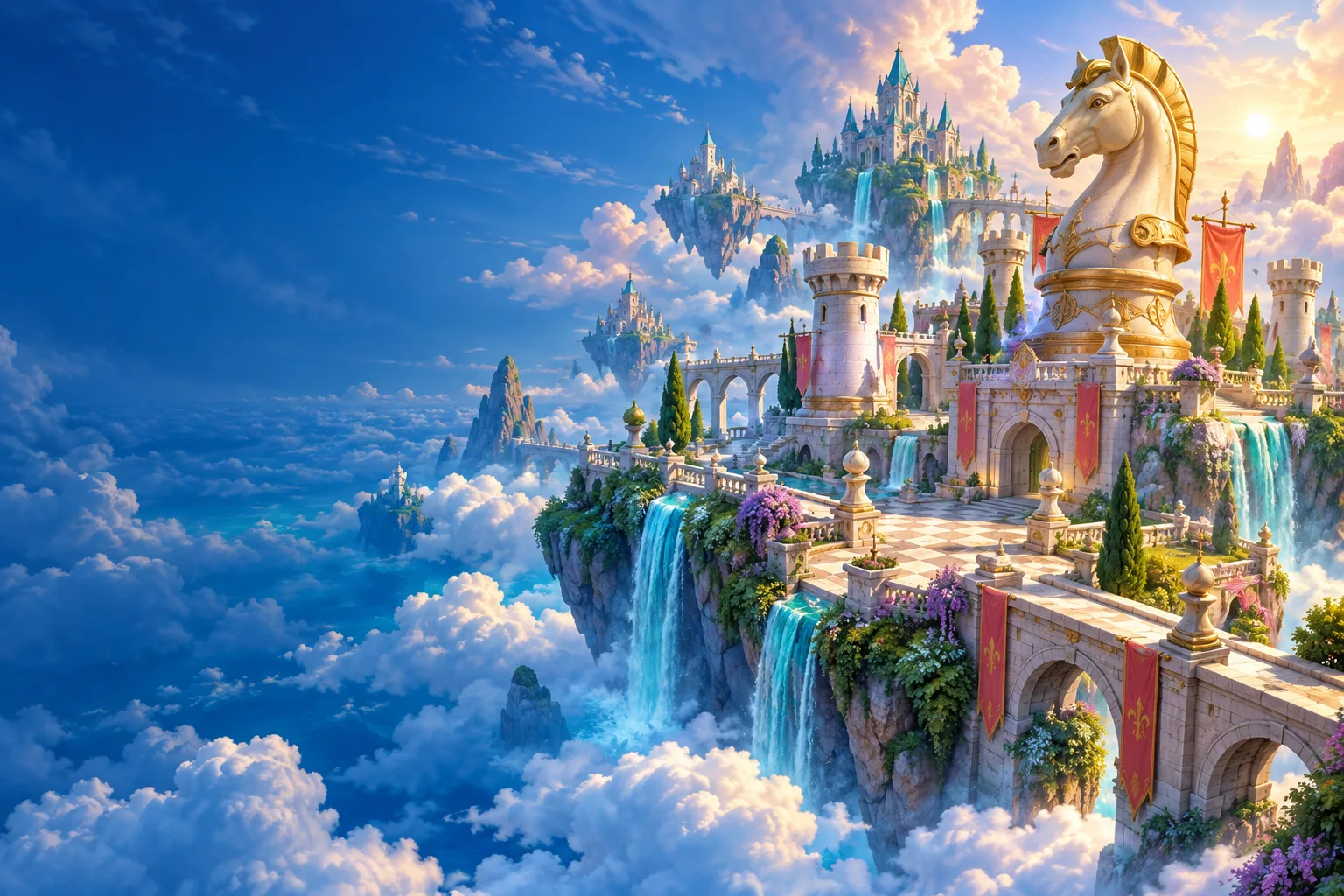 A golden chess knight overlooking a castle in the clouds